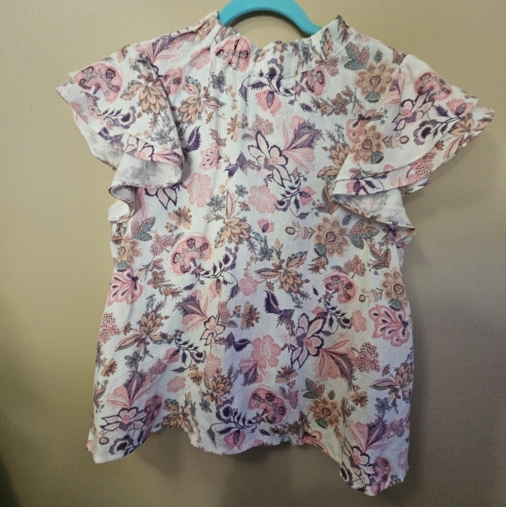 Who What Wear Women's Size S Linen Blend Floral Flutter Sleeve Top